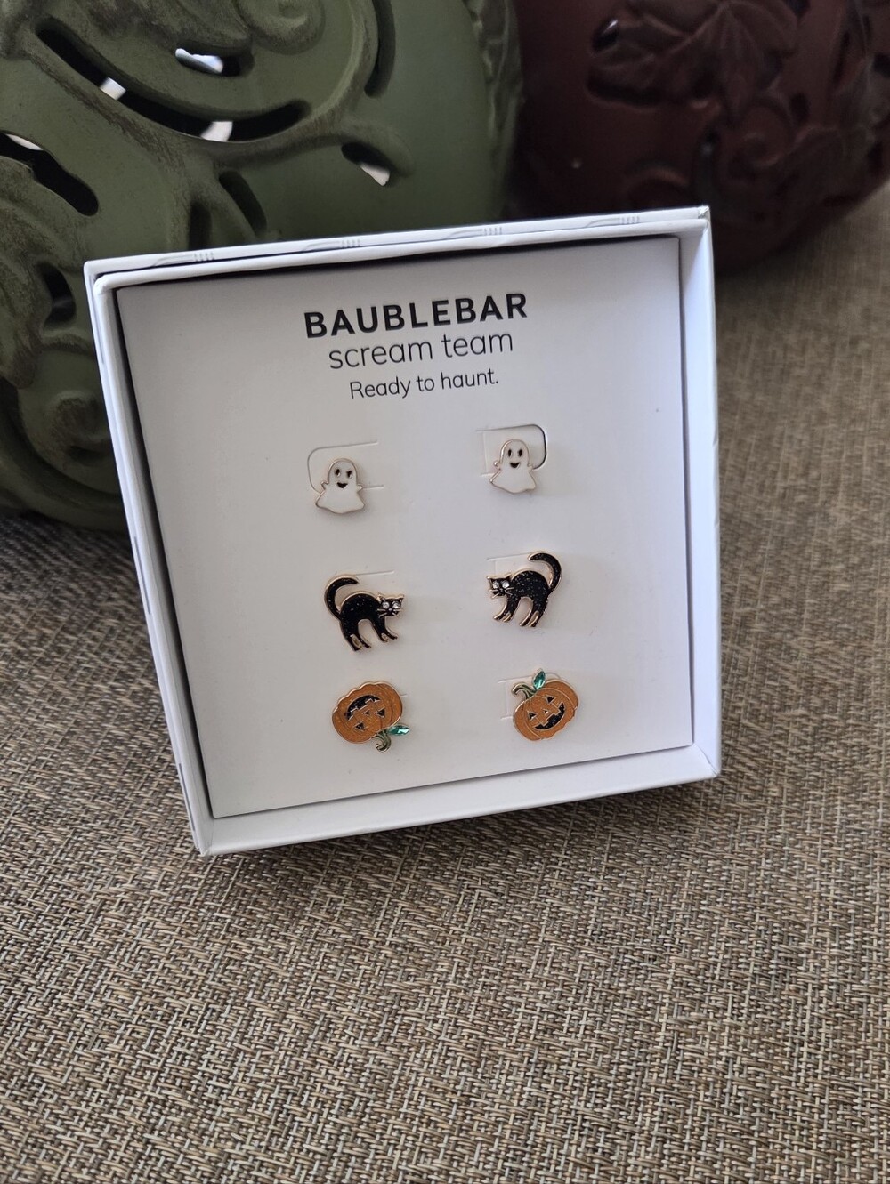 BaubleBar  Halloween Earring Set - White Ghost, Black Cat & Orange Pumpkin
